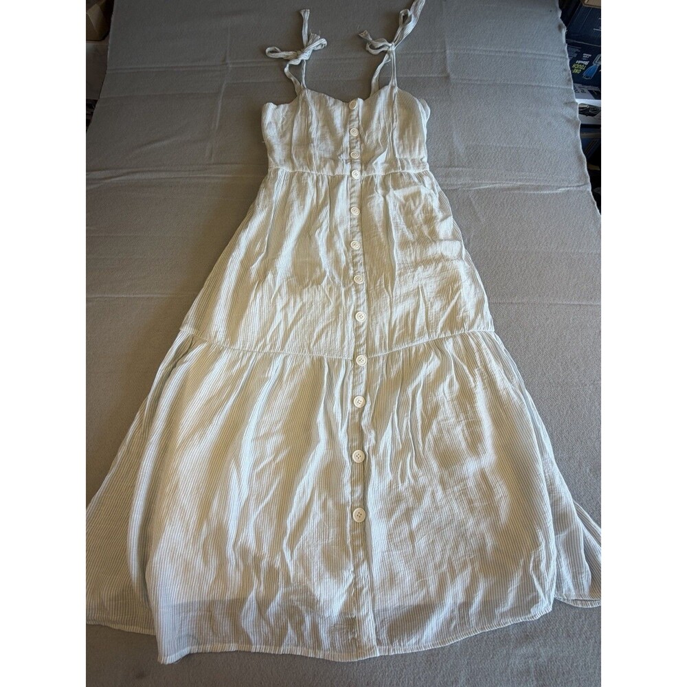 Just Found White Striped Button Front Smocked Square Neck Tie Maxi Dress L